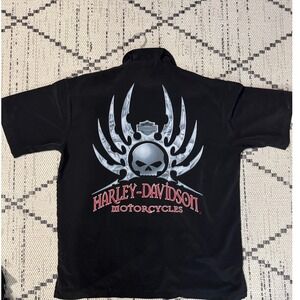 Harley Davidson Skull Flames Button Up Shirt Mens Large Black Short‎ Sleeve 2003